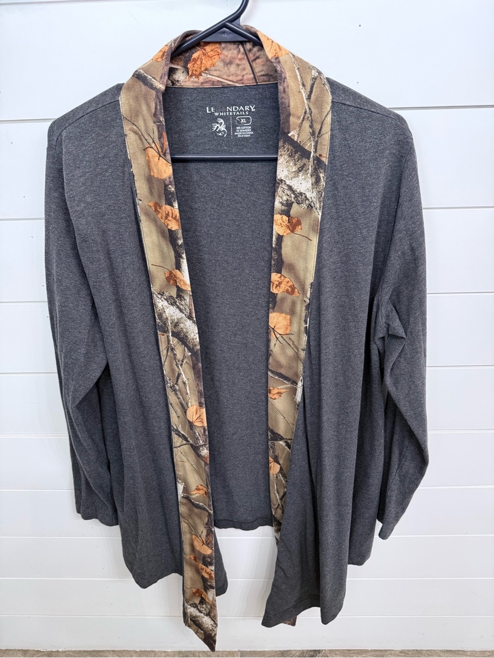 Legendary Whitetails Charcoal Gray Open-Front Cardigan with Brown Camo Trim